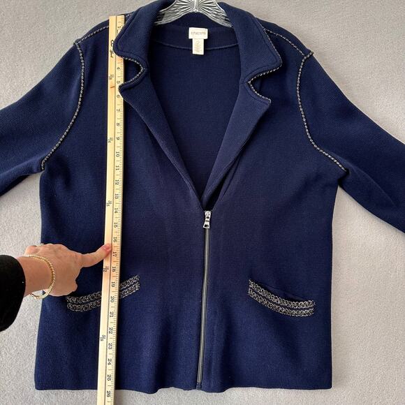 Chicos Navy Blue Double Knit Cardigan Blazer Sweater Chicos Size 2 / 12, Large - Picture 9 of 14